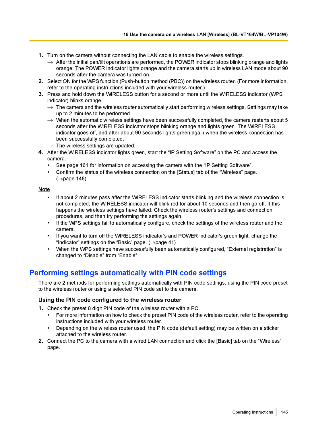 Panasonic BL-VT164W, BL-VP104W, BL-VP100 manual Performing settings automatically with PIN code settings 