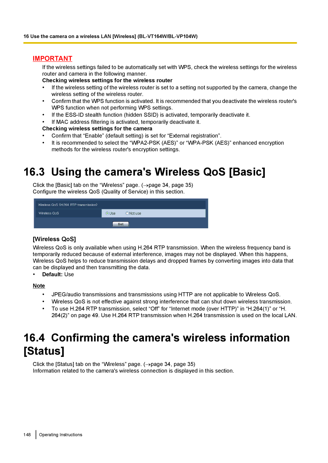 Panasonic BL-VT164W, BL-VP104W Using the cameras Wireless QoS Basic, Confirming the cameras wireless information Status 