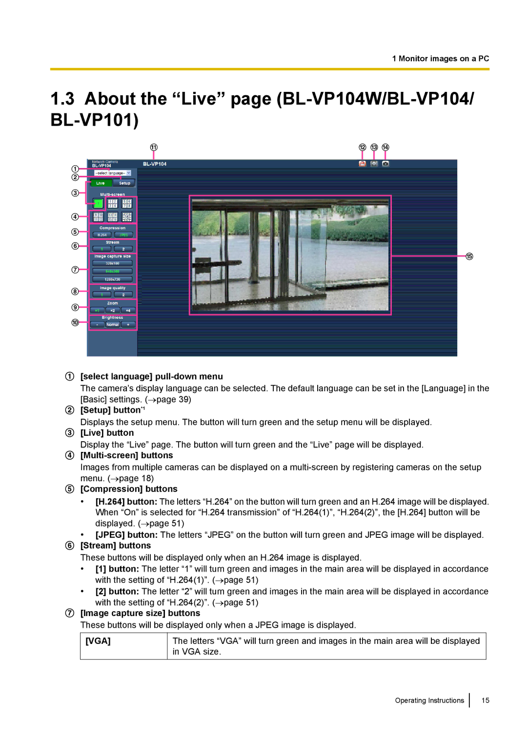 Panasonic BL-VP100, BL-VT164W manual About the Live page BL-VP104W/BL-VP104/ BL-VP101, Vga 