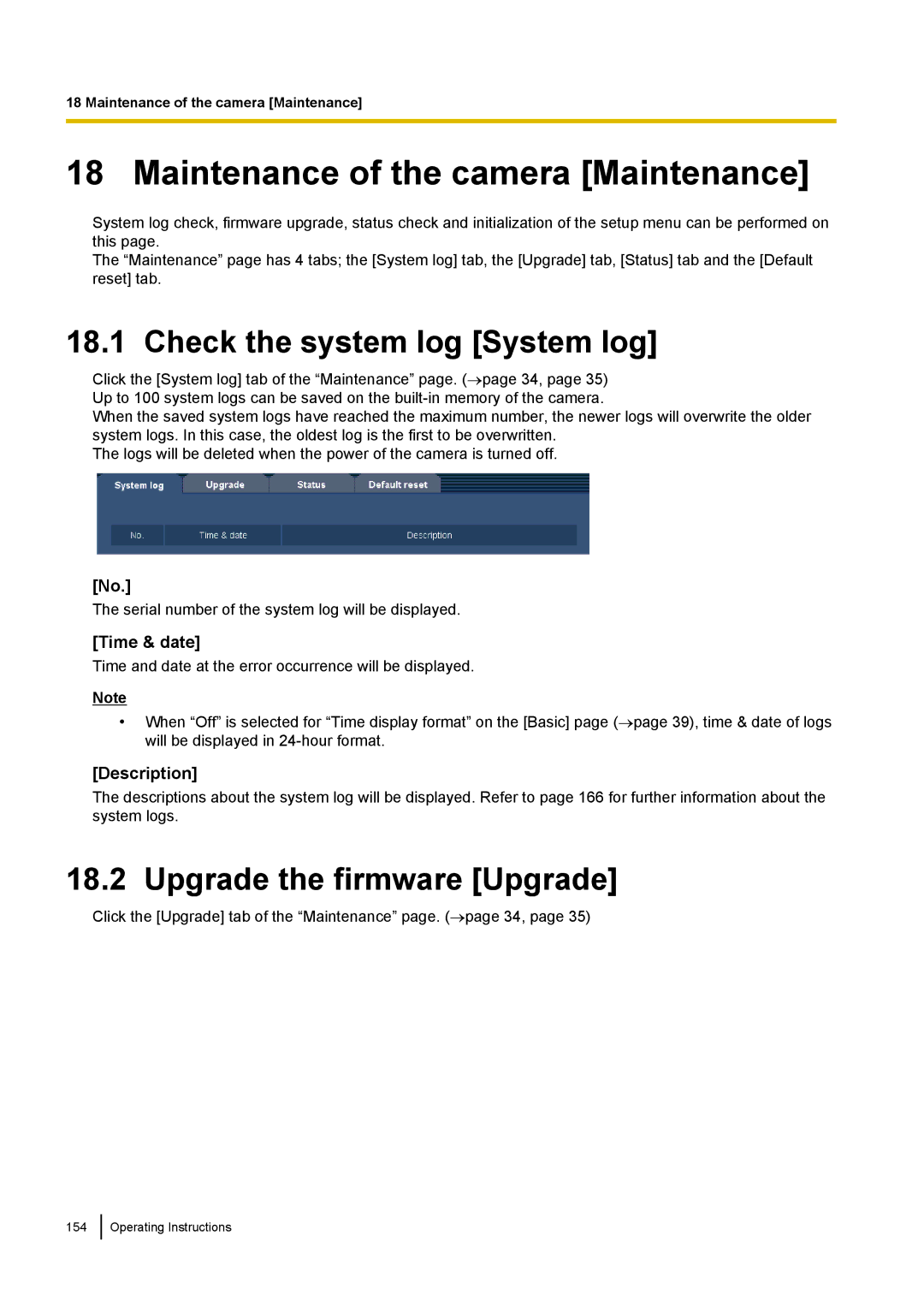 Panasonic BL-VP104W Maintenance of the camera Maintenance, Check the system log System log, Upgrade the firmware Upgrade 