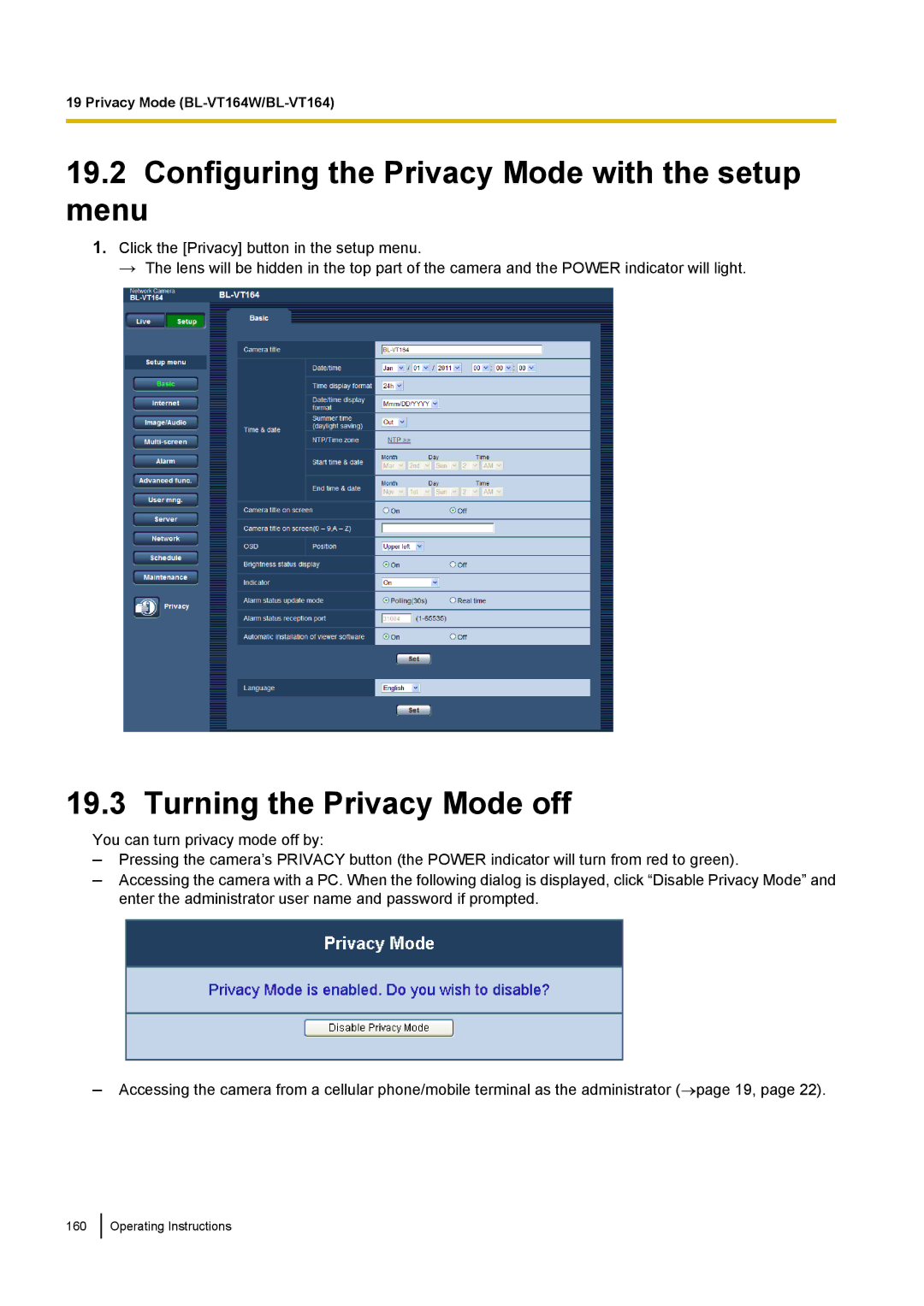 Panasonic BL-VT164W, BL-VP104W, BL-VP100 Configuring the Privacy Mode with the setup menu, Turning the Privacy Mode off 