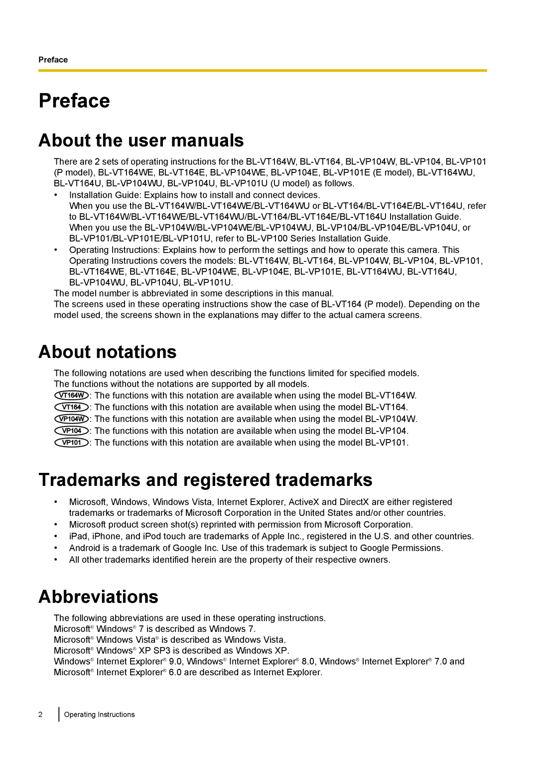 Panasonic BL-VP104W, BL-VT164W, BL-VP100 Preface, About notations, Trademarks and registered trademarks, Abbreviations 