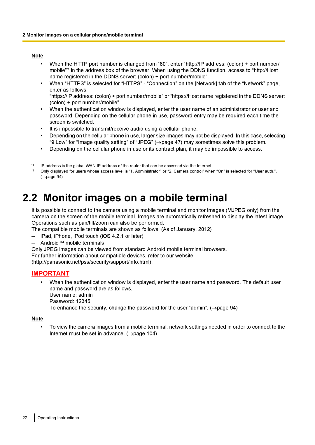 Panasonic BL-VP104W, BL-VT164W, BL-VP100 manual Monitor images on a mobile terminal 