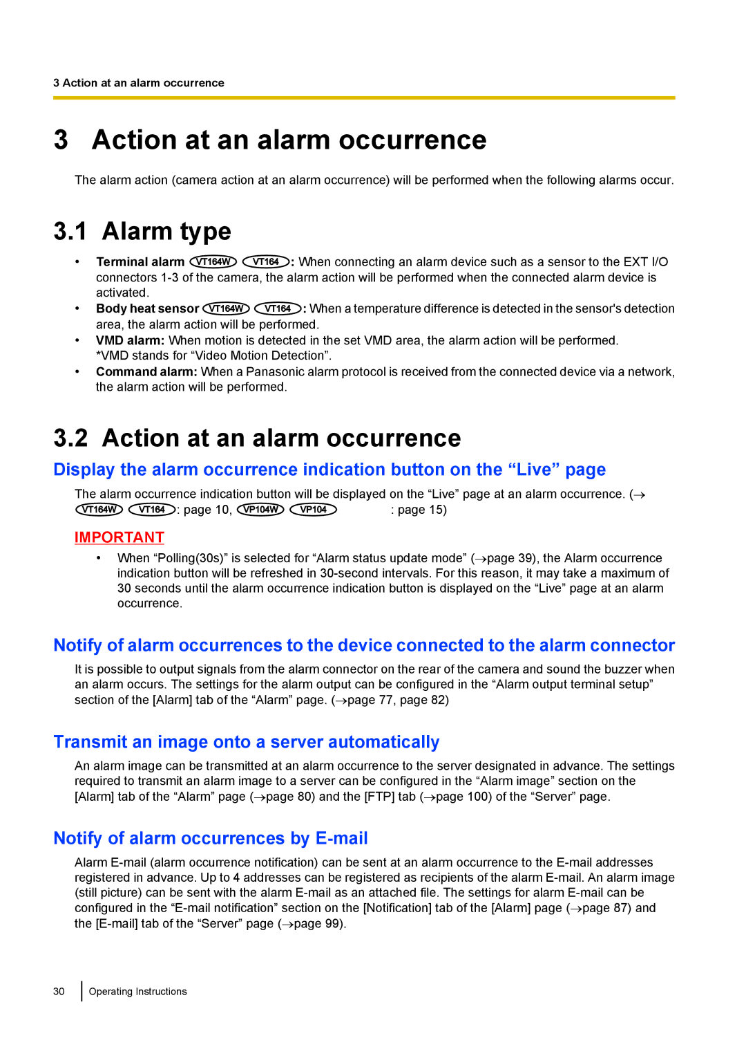 Panasonic BL-VP104W, BL-VT164W, BL-VP100 manual Action at an alarm occurrence, Alarm type 