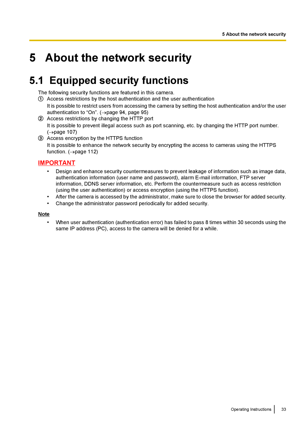 Panasonic BL-VT164W, BL-VP104W, BL-VP100 manual About the network security, Equipped security functions 