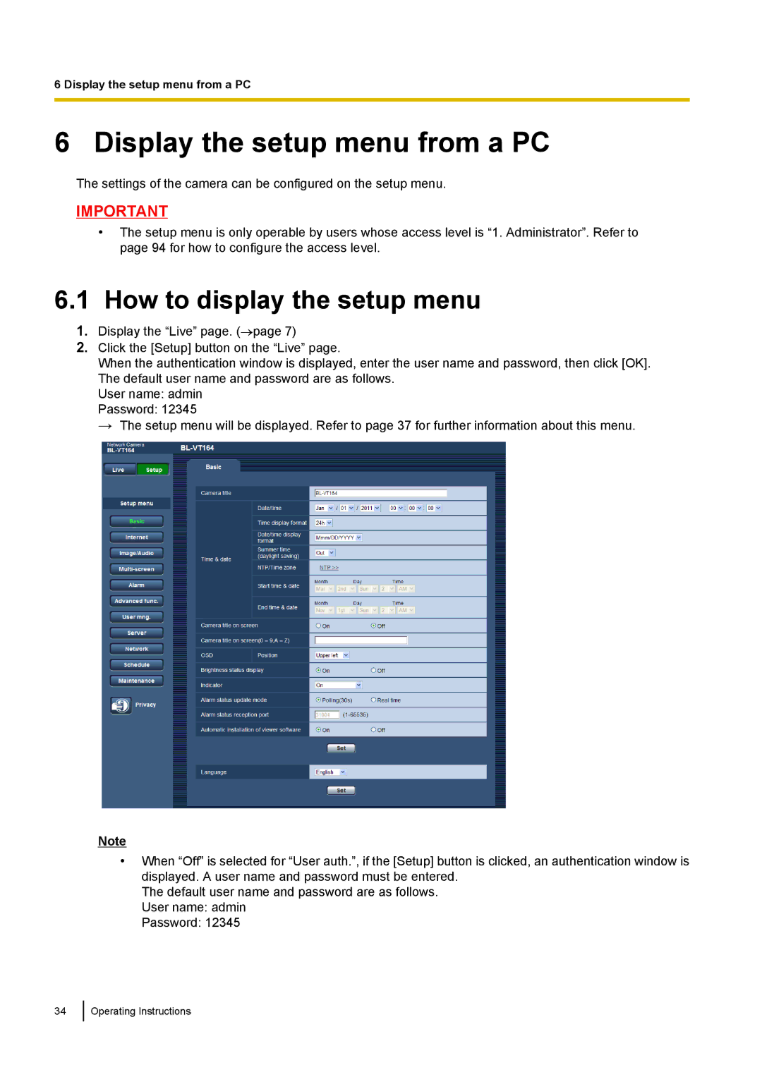 Panasonic BL-VP104W, BL-VT164W, BL-VP100 manual Display the setup menu from a PC, How to display the setup menu 