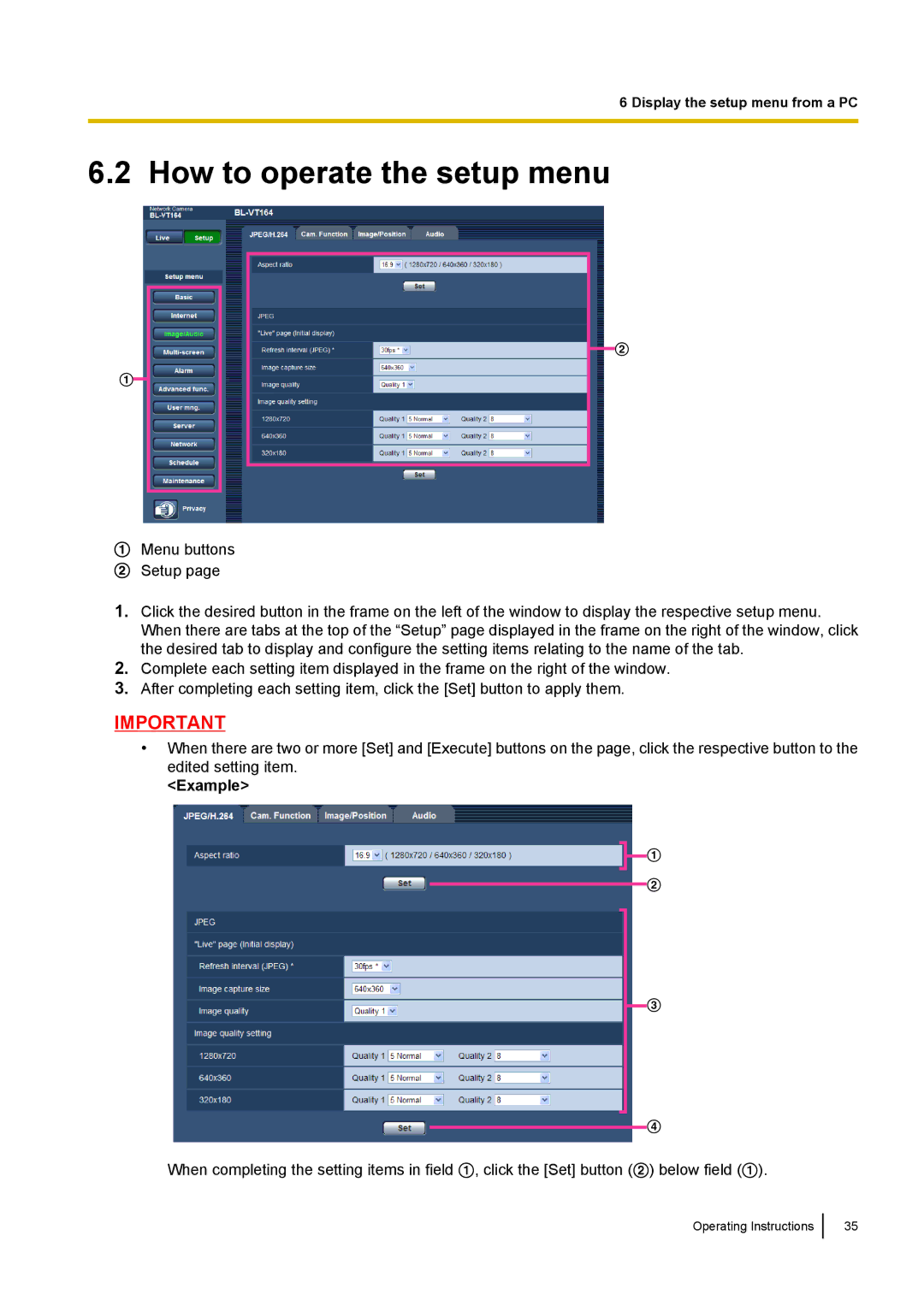 Panasonic BL-VP100, BL-VT164W, BL-VP104W manual How to operate the setup menu, Example 