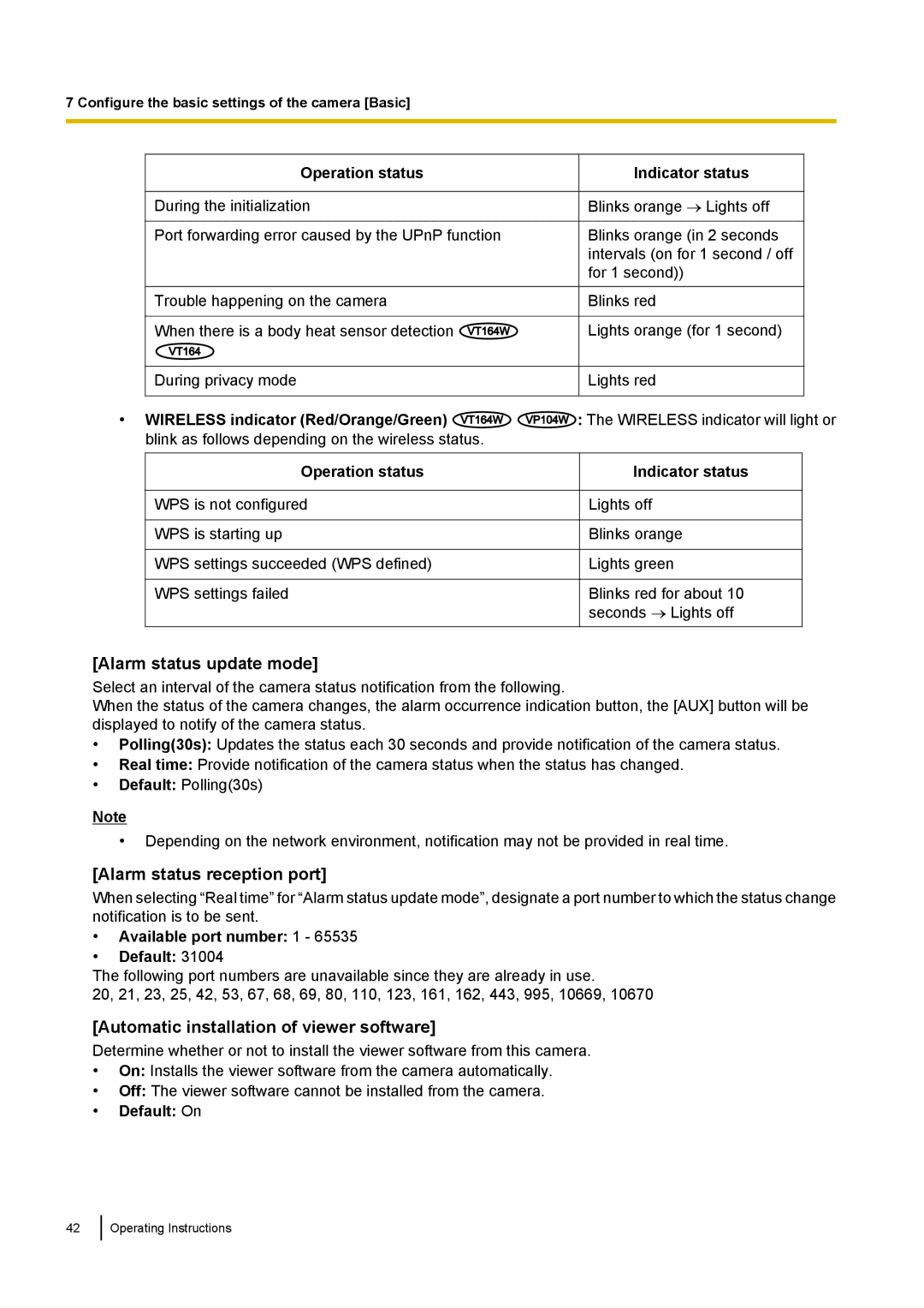 Panasonic BL-VP104W manual Alarm status update mode, Alarm status reception port, Automatic installation of viewer software 