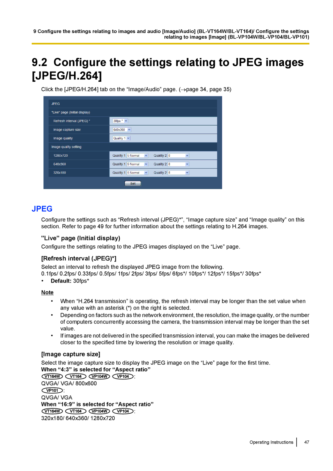 Panasonic BL-VP100, BL-VT164 manual Configure the settings relating to Jpeg images JPEG/H.264, Live page Initial display 