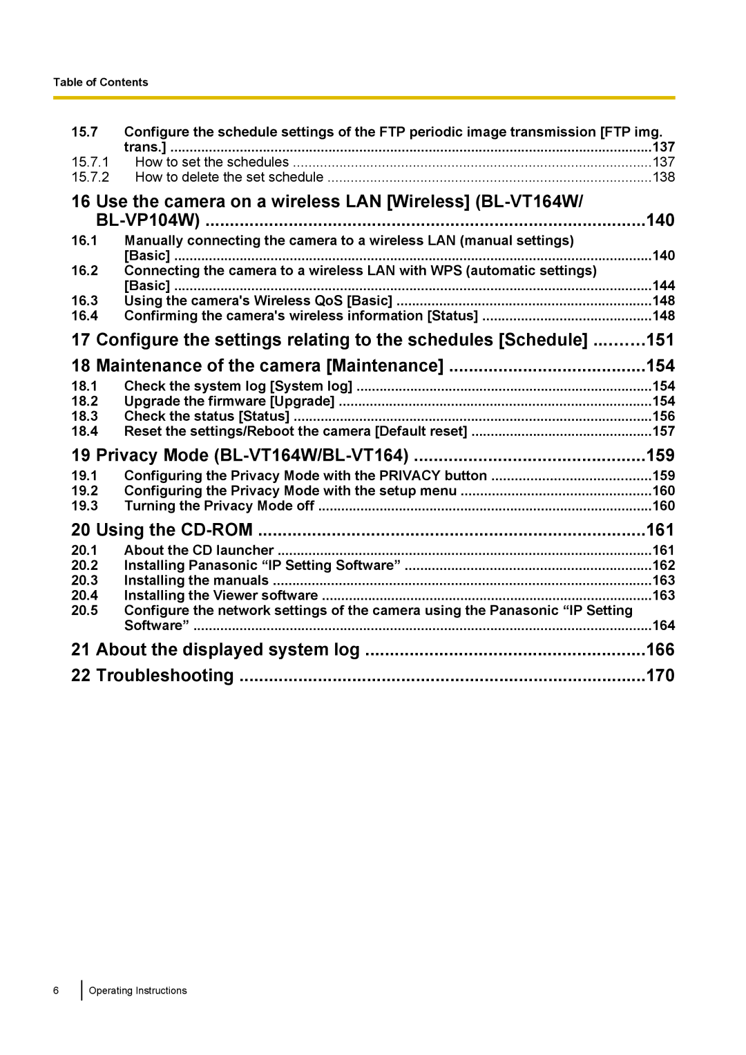 Panasonic BL-VP104W 148, 16.4, Check the system log System log 154 18.2, Check the status Status 156 18.4, 157, 19.1, 159 