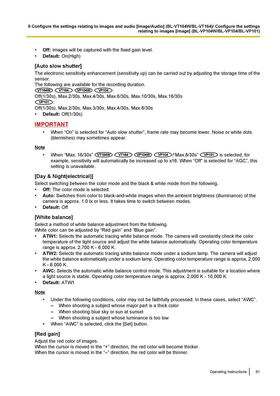 Panasonic BL-VT164W, BL-VP104W, BL-VP100 manual Auto slow shutter, Day & Nightelectrical, White balance, Red gain 