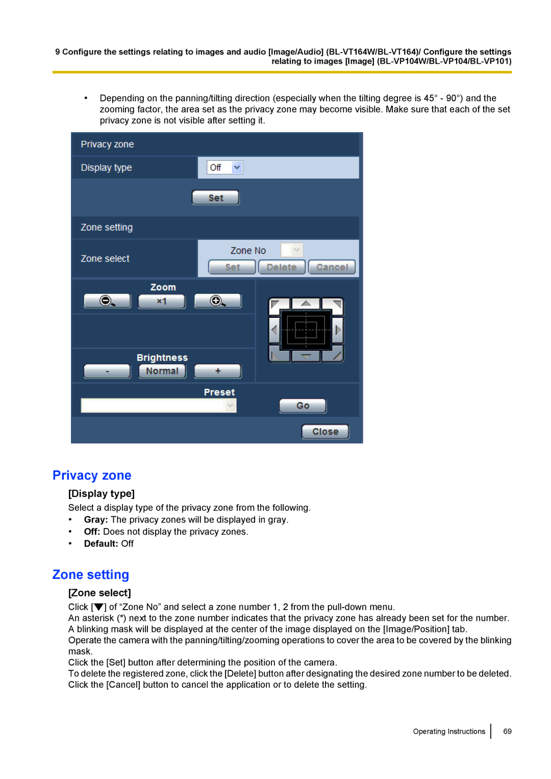 Panasonic BL-VT164W, BL-VP104W, BL-VP100 manual Privacy zone, Zone setting, Display type, Zone select 