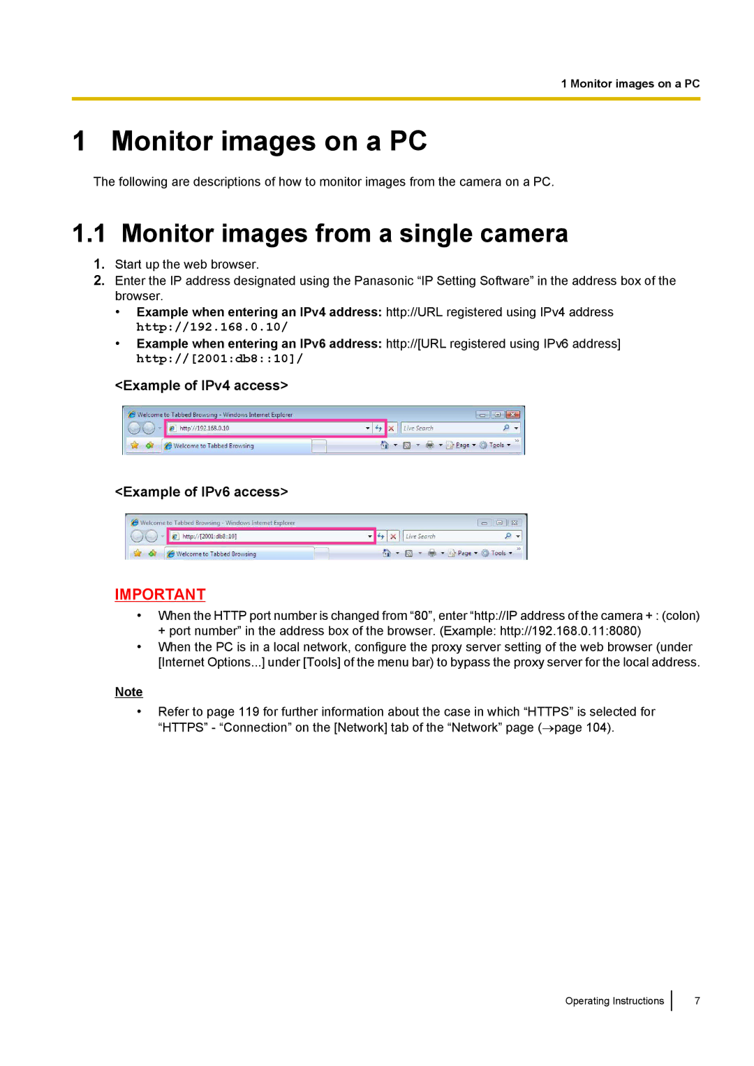 Panasonic BL-VP100, BL-VT164W, BL-VP104W manual Monitor images on a PC, Monitor images from a single camera 