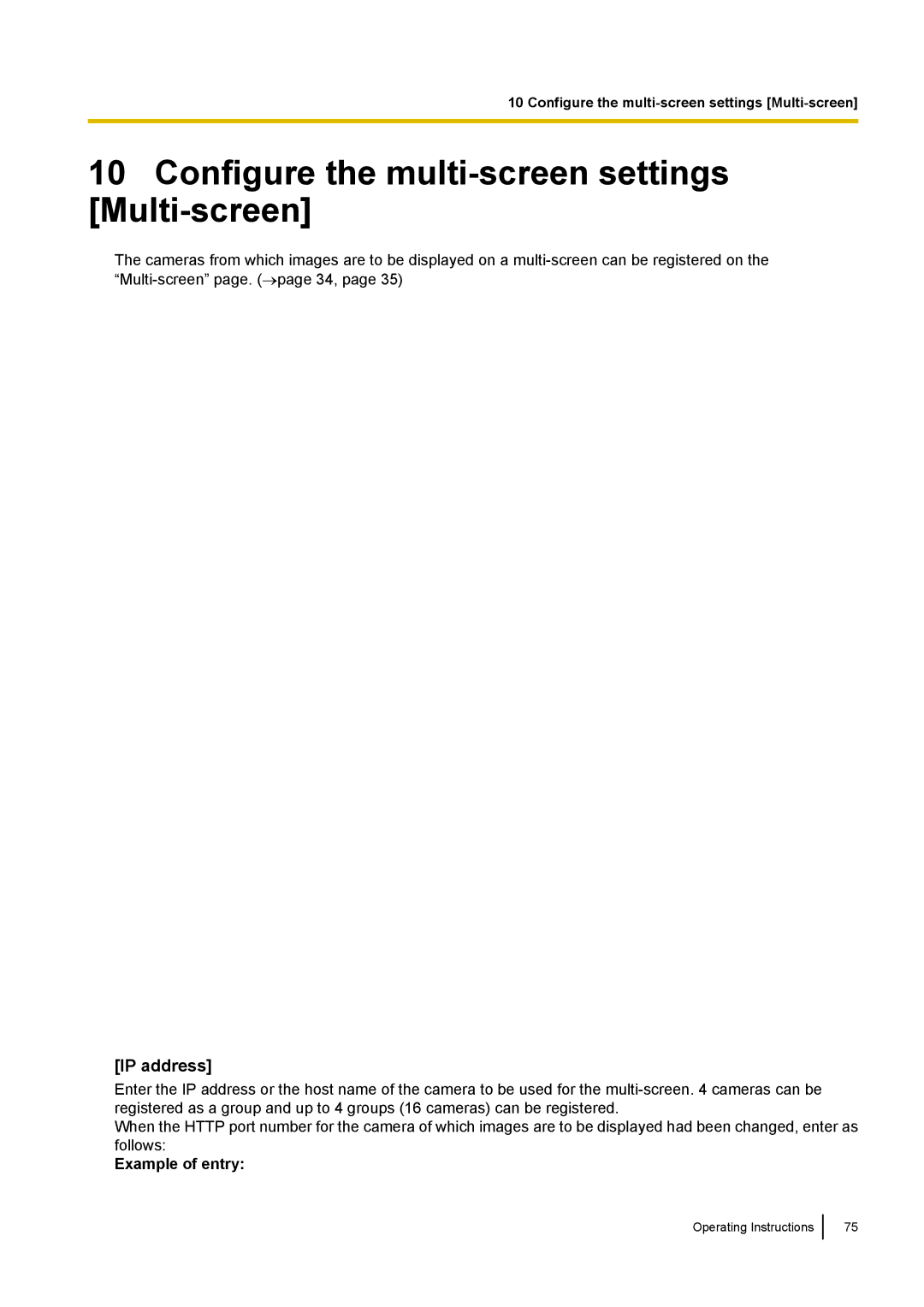 Panasonic BL-VP100, BL-VT164W, BL-VP104W Configure the multi-screen settings Multi-screen, IP address, Example of entry 