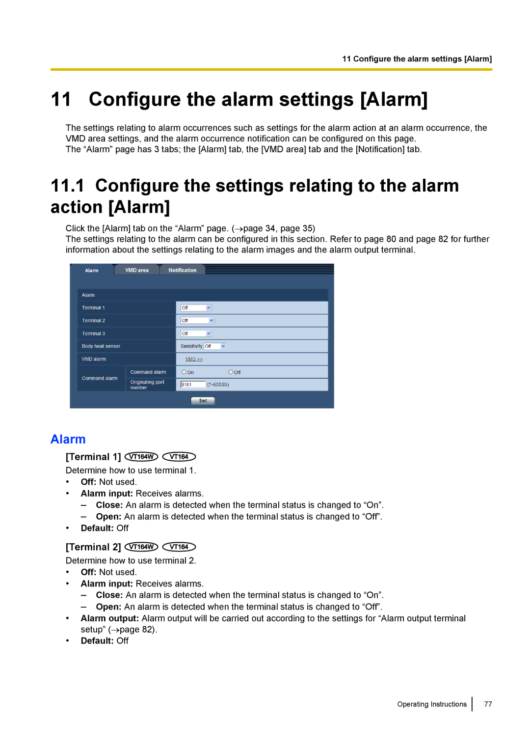 Panasonic BL-VT164W manual Configure the alarm settings Alarm, Configure the settings relating to the alarm action Alarm 