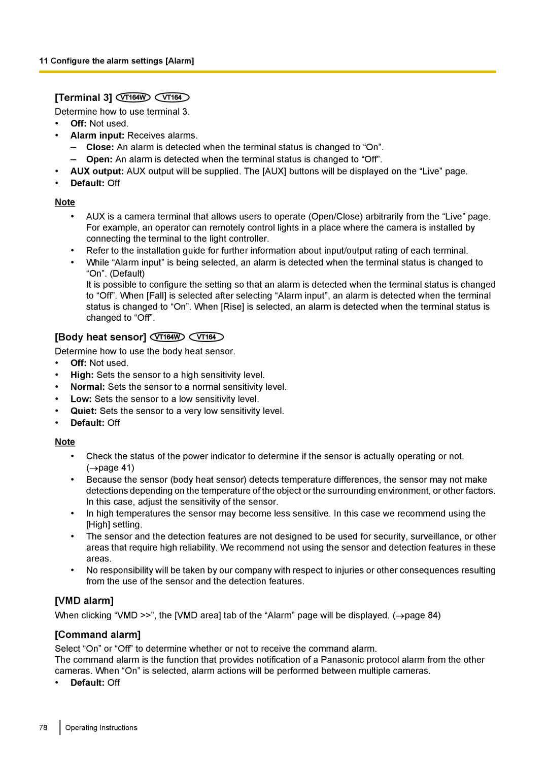 Panasonic BL-VP104W, BL-VT164W, BL-VP100 manual Terminal 3 VT164W, Body heat sensor VT164W VT164, VMD alarm, Command alarm 