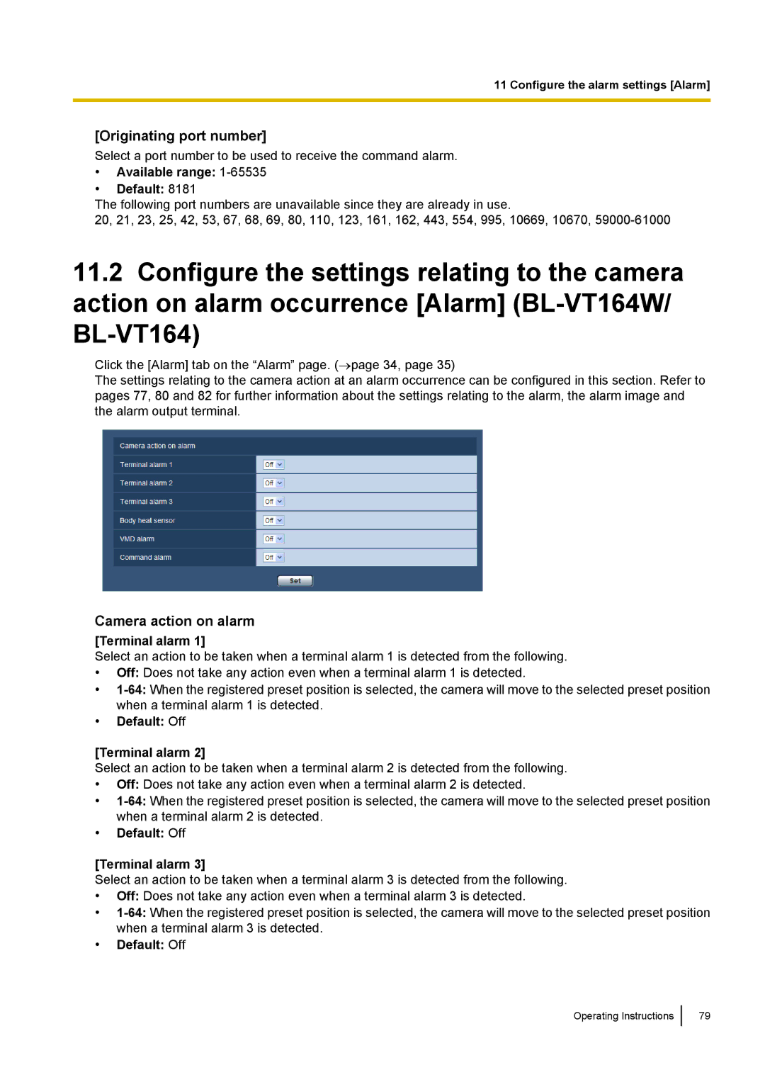 Panasonic BL-VP100, BL-VT164 manual Originating port number, Camera action on alarm, Available range Default, Terminal alarm 