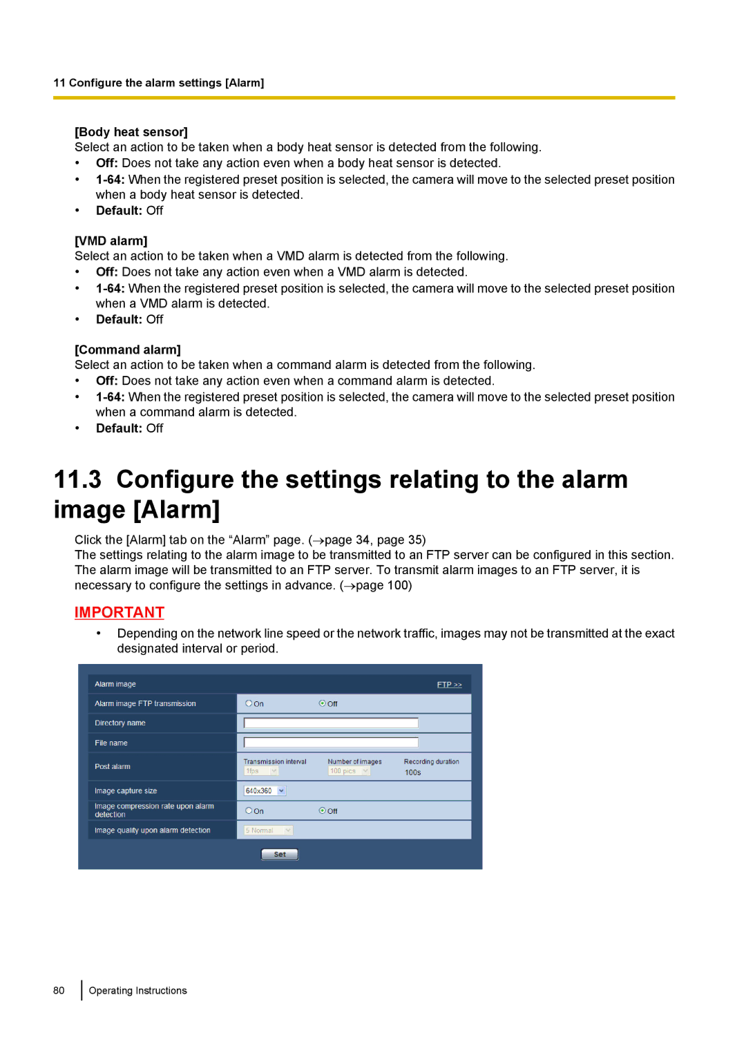 Panasonic BL-VT164 manual Configure the settings relating to the alarm image Alarm, Body heat sensor, Default Off VMD alarm 