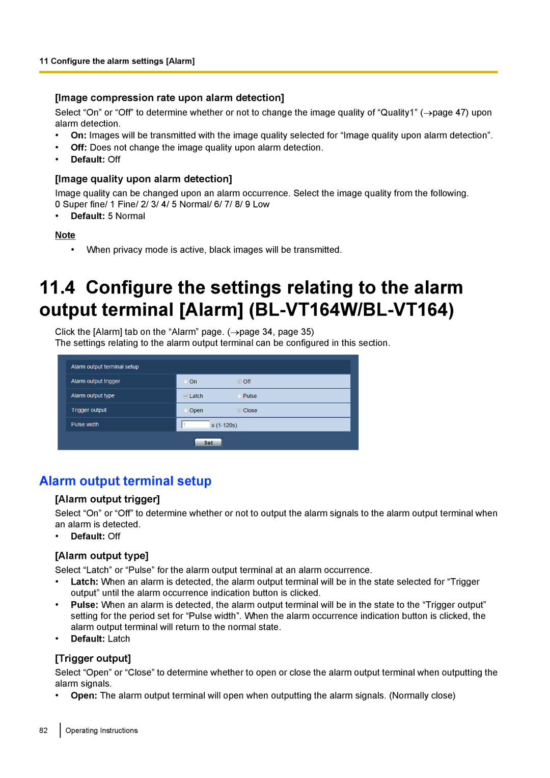 Panasonic BL-VP104W, BL-VT164W, BL-VP100 manual Alarm output terminal setup 