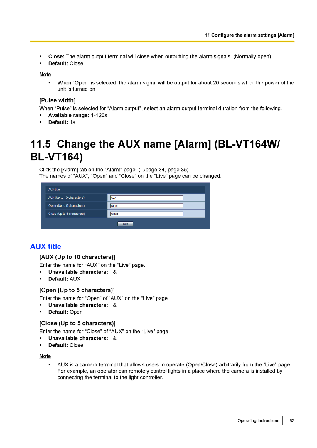 Panasonic BL-VP100, BL-VP104W manual Change the AUX name Alarm BL-VT164W/ BL-VT164, AUX title 