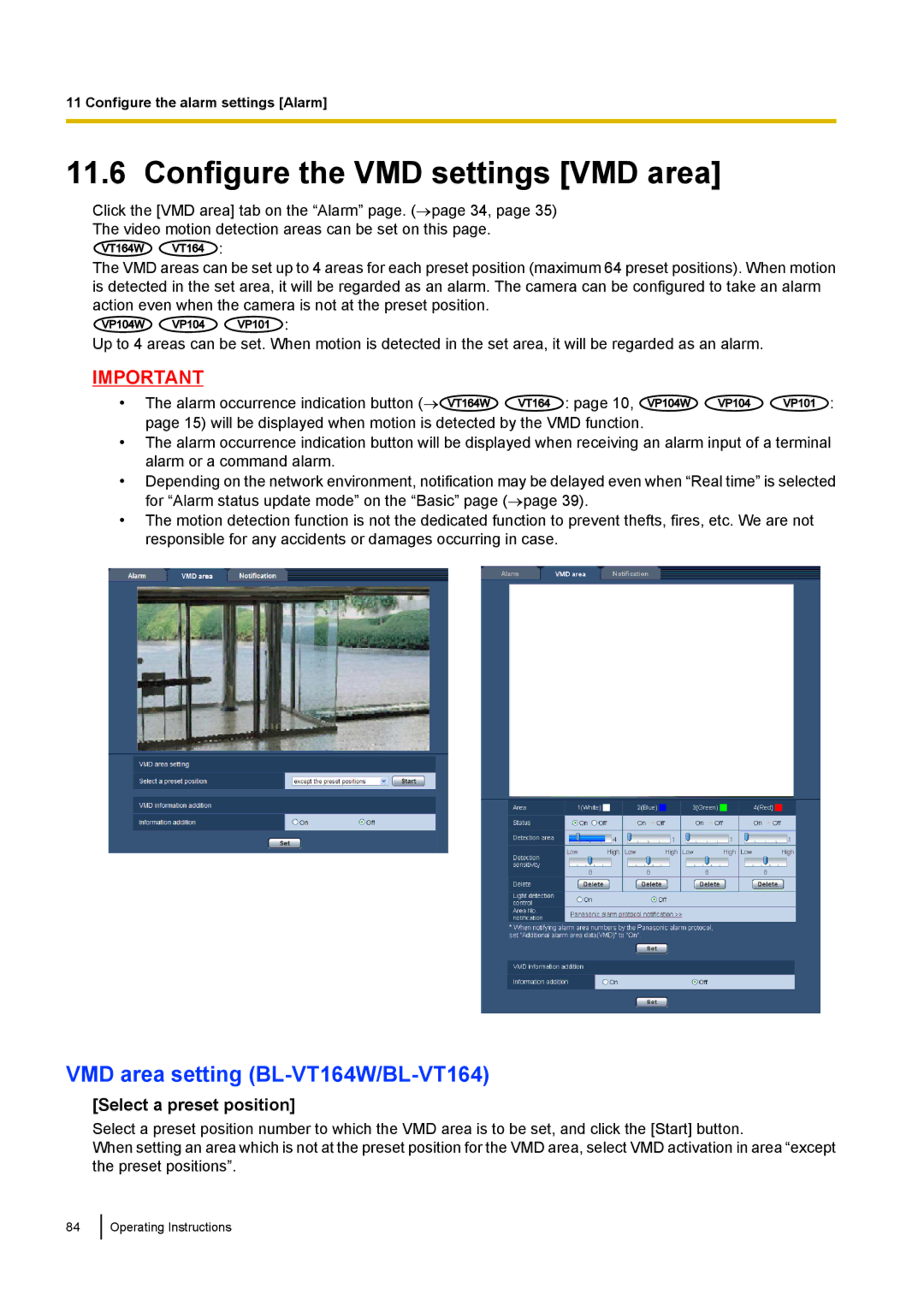 Panasonic BL-VP104W Configure the VMD settings VMD area, VMD area setting BL-VT164W/BL-VT164, Select a preset position 