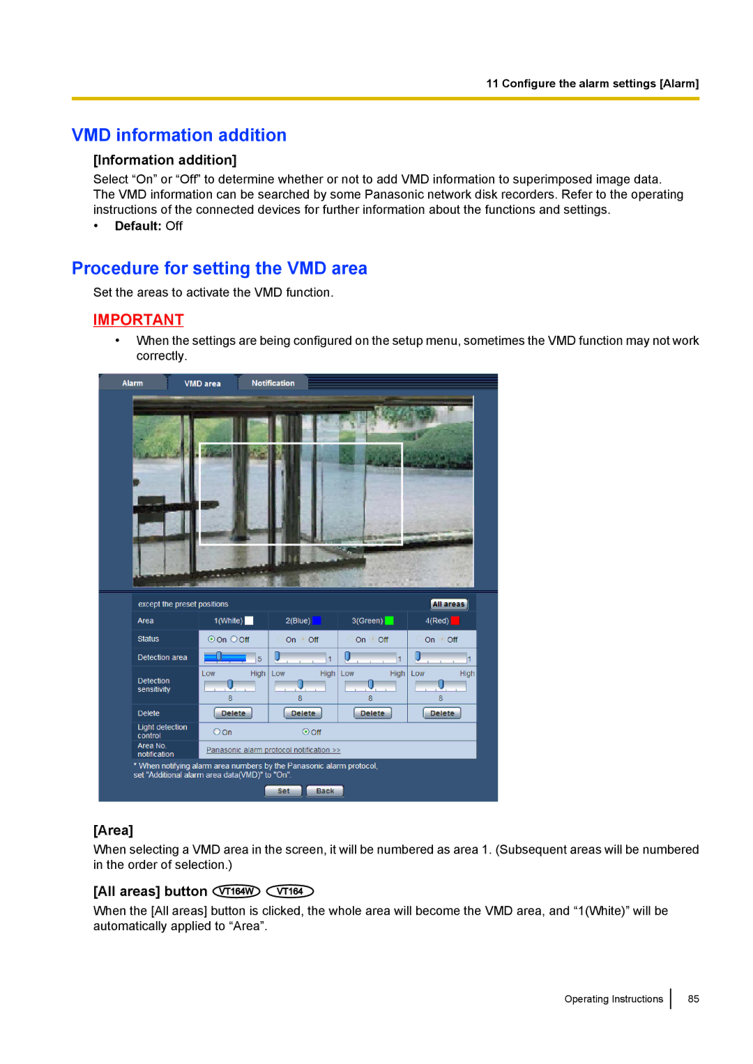 Panasonic BL-VT164W, BL-VP104W, BL-VP100 VMD information addition, Procedure for setting the VMD area, Information addition 