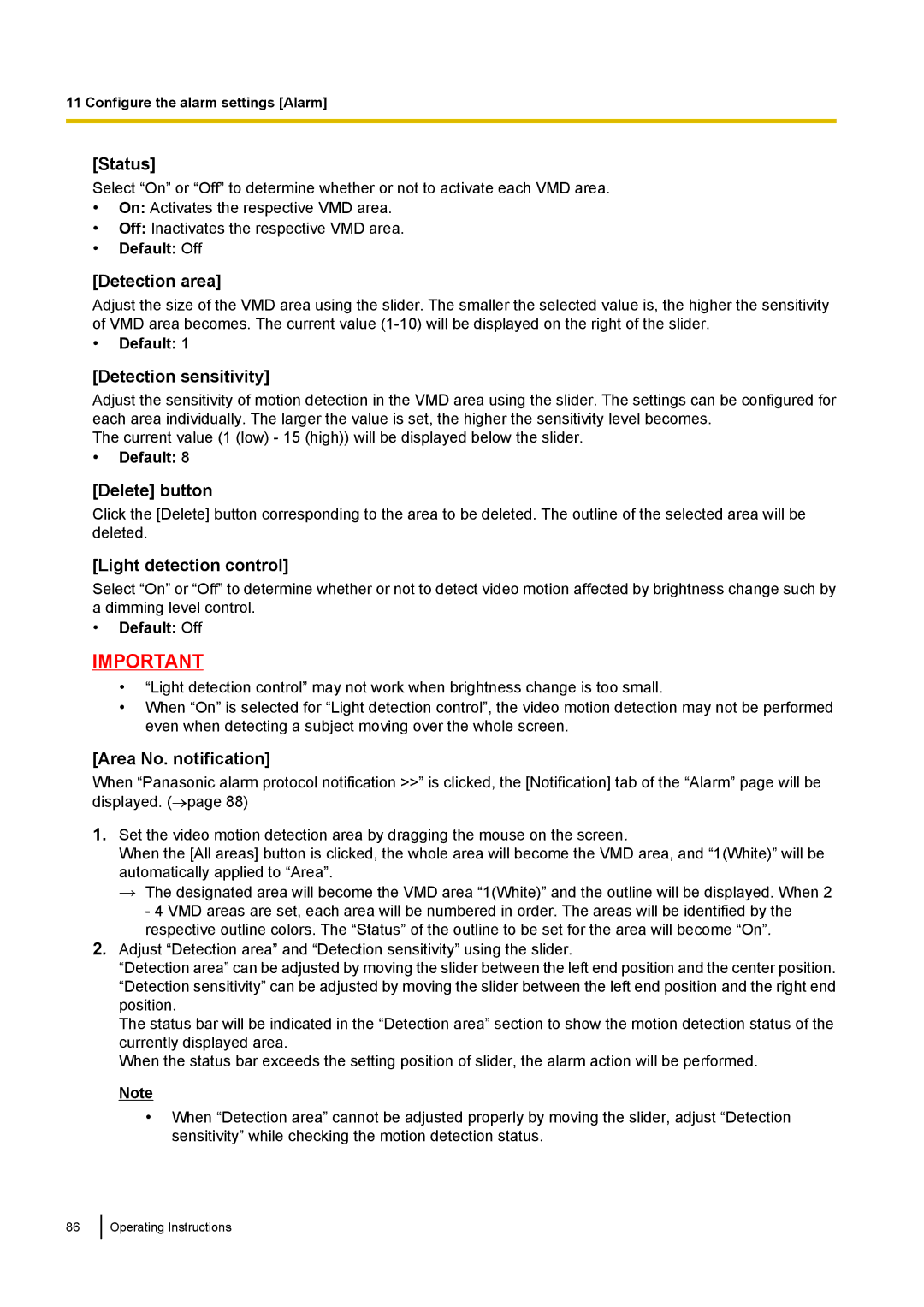 Panasonic BL-VP104W manual Status, Detection area, Detection sensitivity, Light detection control, Area No. notification 