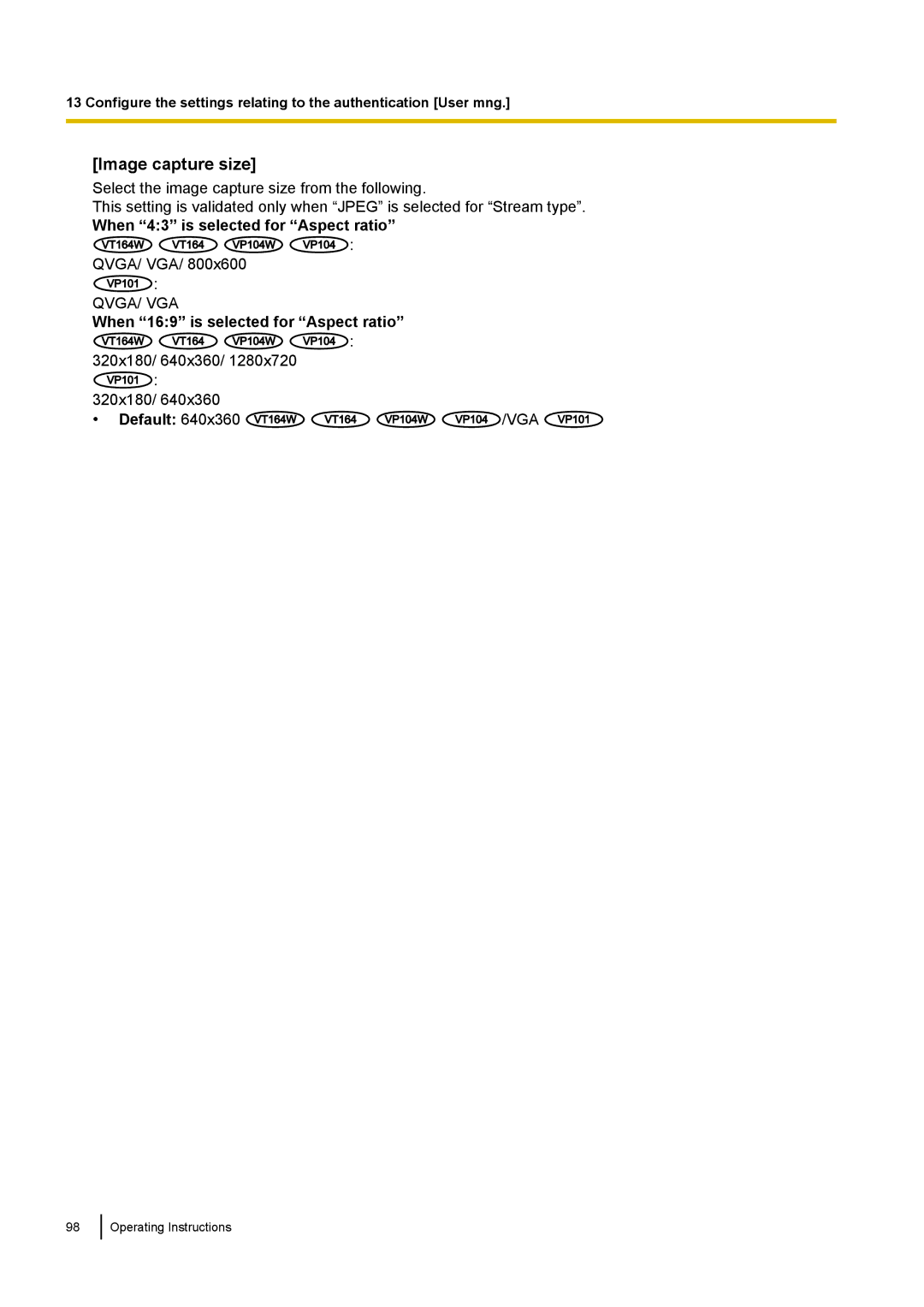 Panasonic BL-VP104W, BL-VT164W, BL-VP100 manual Image capture size 