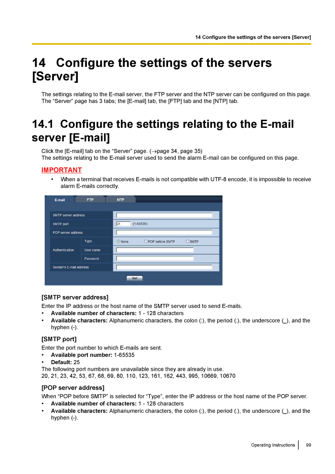 Panasonic BL-VP100 manual Configure the settings of the servers Server, Smtp server address, Smtp port, POP server address 