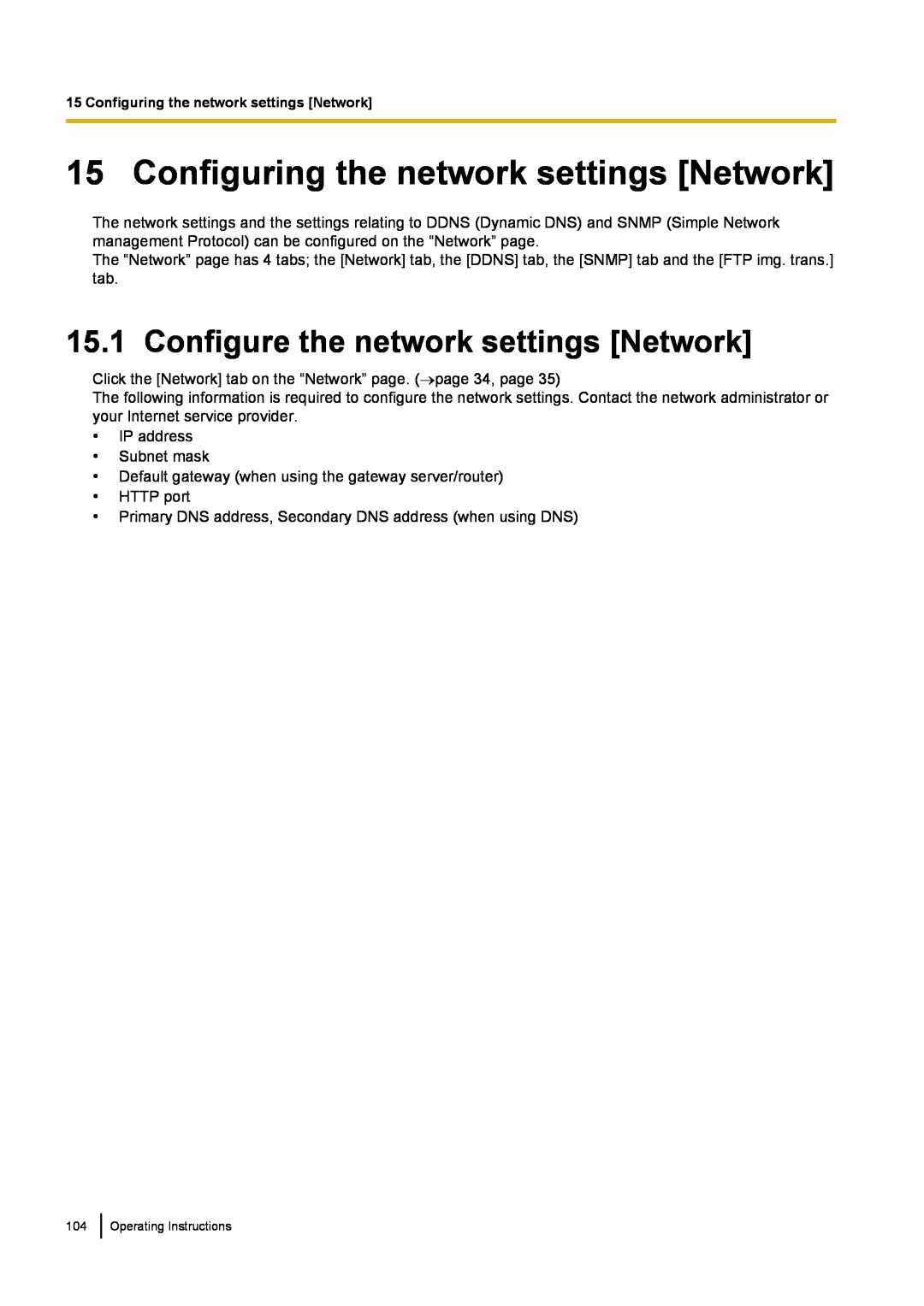 Panasonic BL-VT164W, BL-VP104W manual Configuring the network settings Network, Configure the network settings Network 