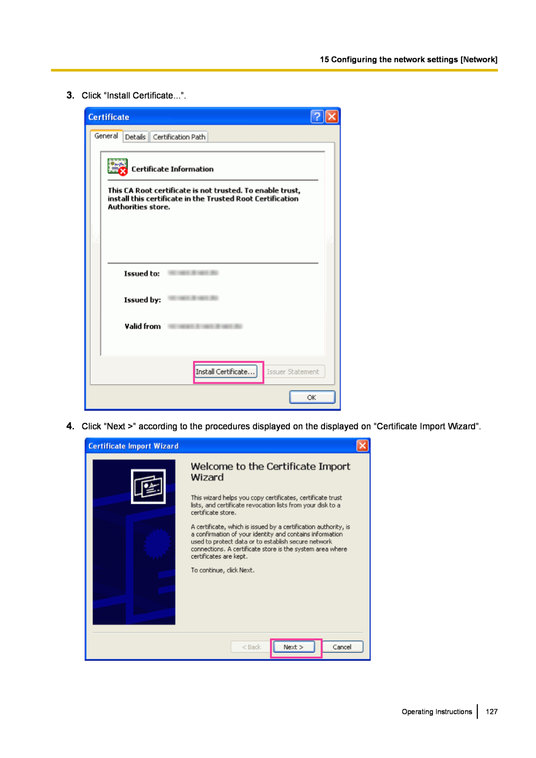 Panasonic BL-VP100 manual Click “Install Certificate...”, Configuring the network settings Network, Operating Instructions 