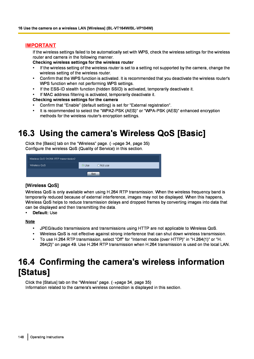 Panasonic BL-VT164 manual Using the cameras Wireless QoS Basic, Checking wireless settings for the camera, •Default: Use 