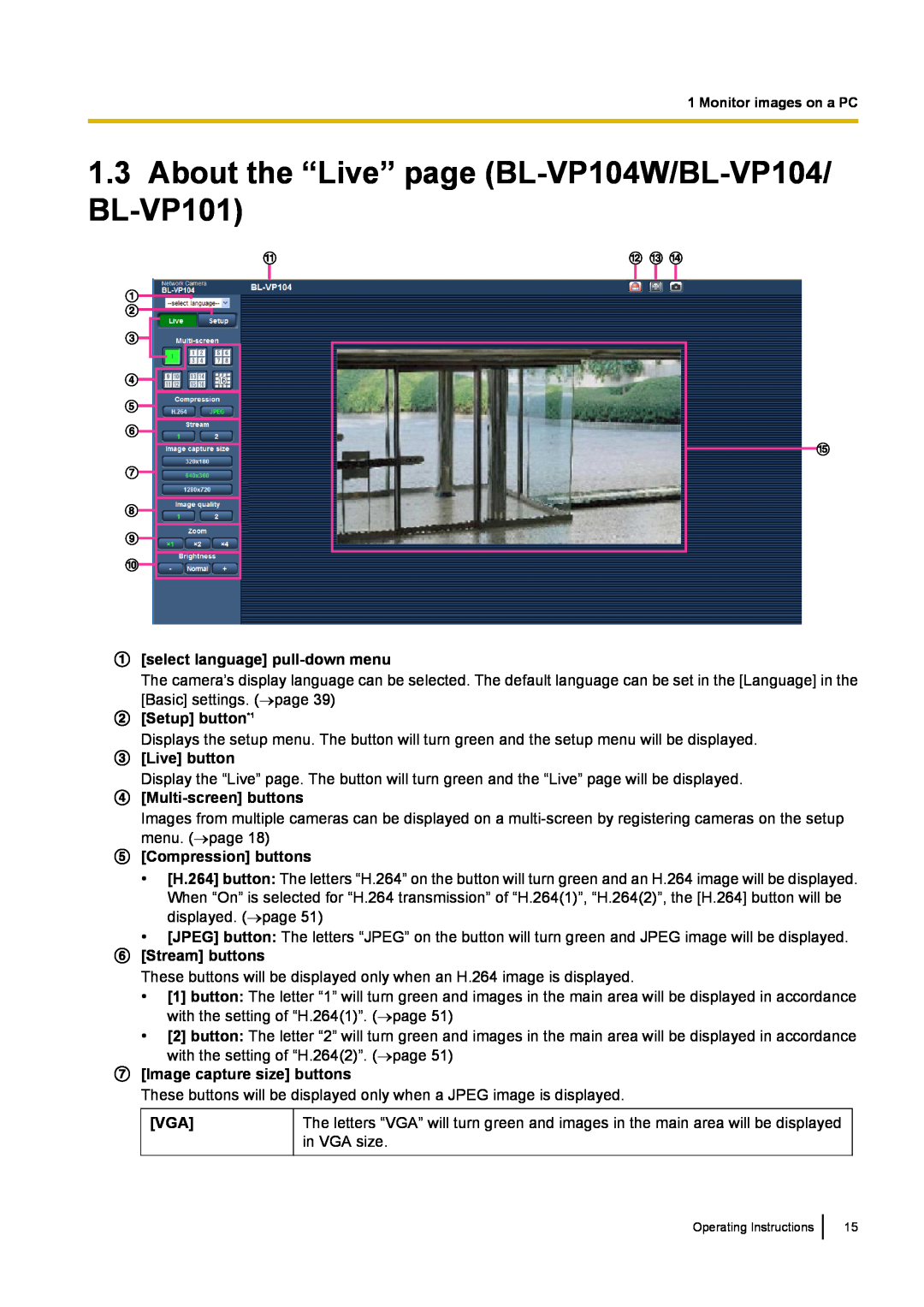 Panasonic BL-VP100 select language pull-downmenu, Setup button*1, Live button, Multi-screenbuttons, Compression buttons 