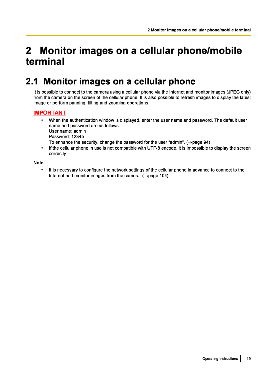 Panasonic BL-VP100, BL-VT164W, BL-VP104W manual Monitor images on a cellular phone 
