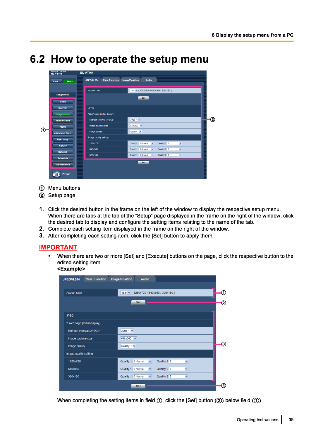 Panasonic BL-VP100, BL-VT164W, BL-VP104W manual How to operate the setup menu, <Example> 