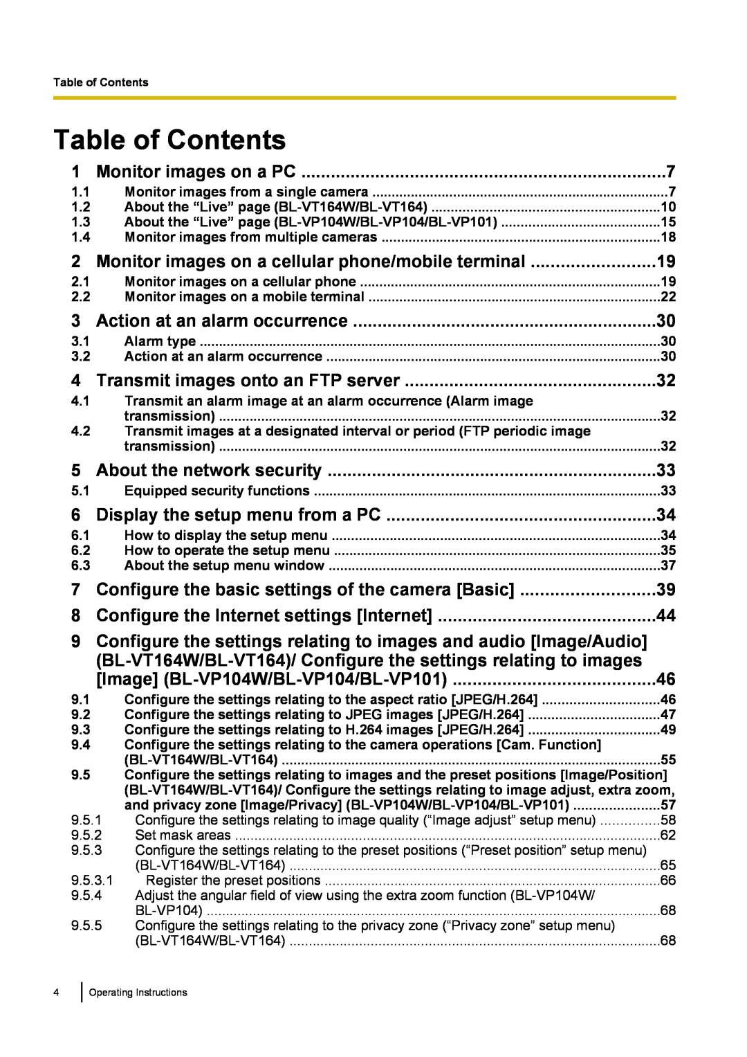 Panasonic BL-VT164 Table of Contents, Monitor images on a PC, About the network security, Display the setup menu from a PC 