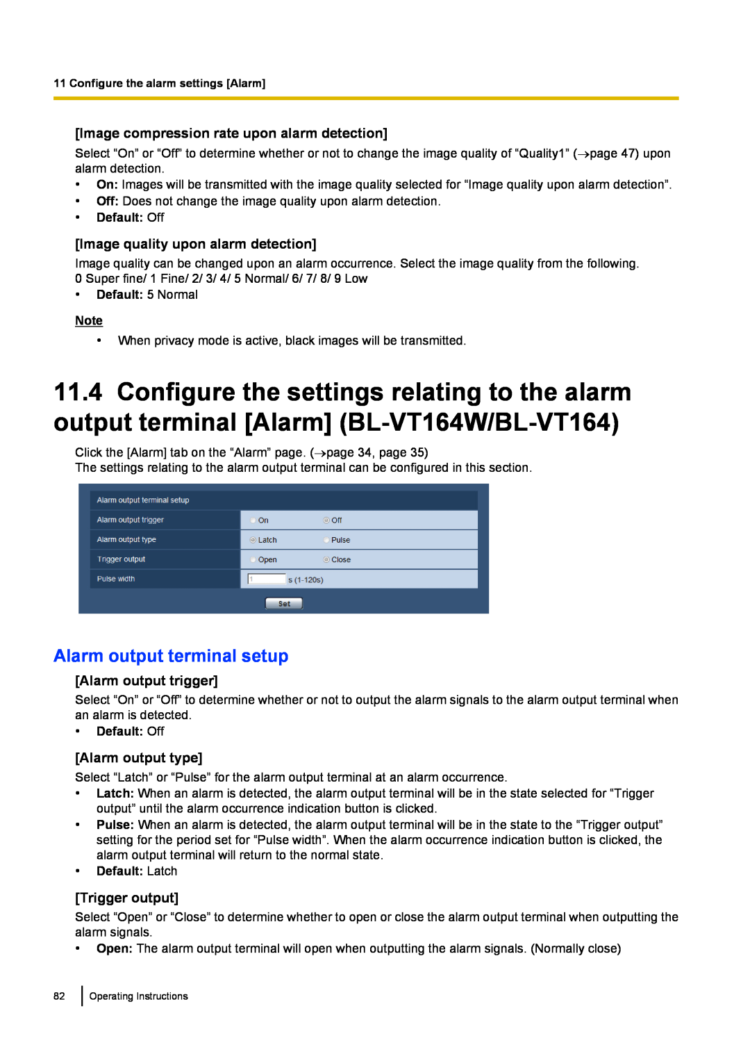 Panasonic BL-VP104W manual Alarm output terminal setup, Image compression rate upon alarm detection, Alarm output trigger 