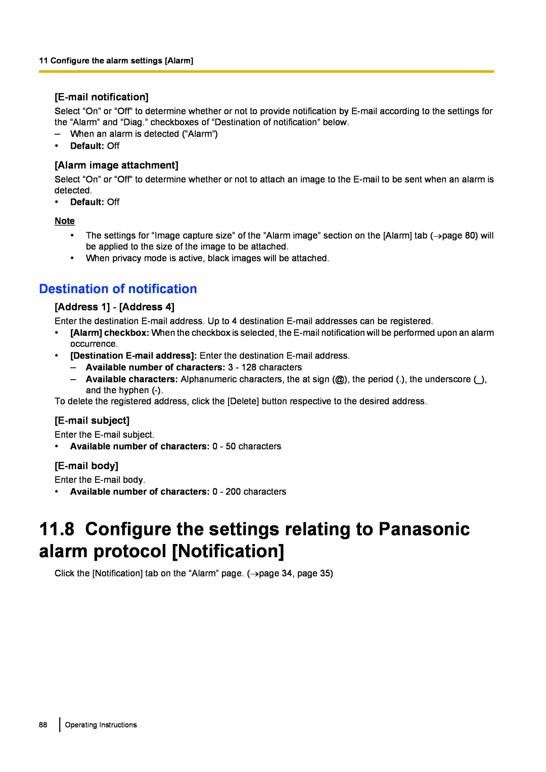 Panasonic BL-VT164W manual Destination of notification, E-mailnotification, Alarm image attachment, Address 1 - Address 
