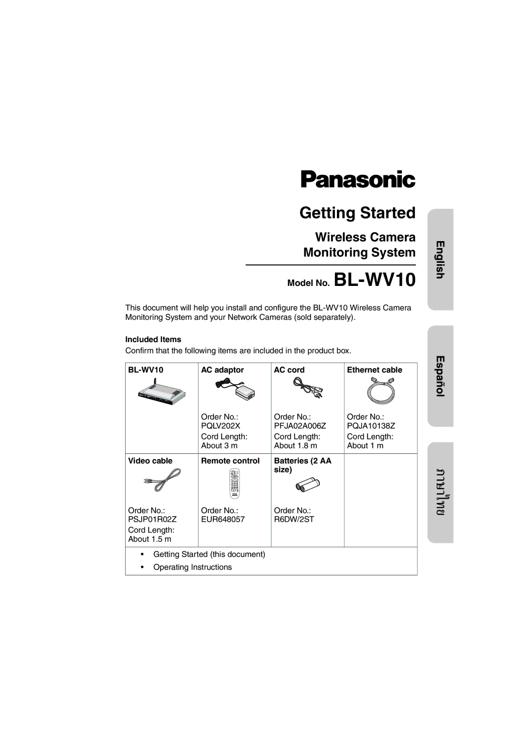 Panasonic manual Wireless Camera Monitoring System, Included Items, BL-WV10 AC adaptor AC cord Ethernet cable 