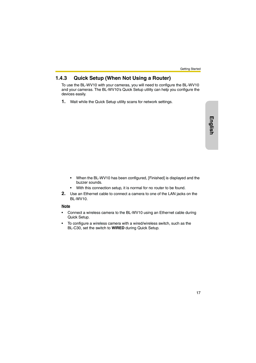 Panasonic BL-WV10 manual Quick Setup When Not Using a Router 