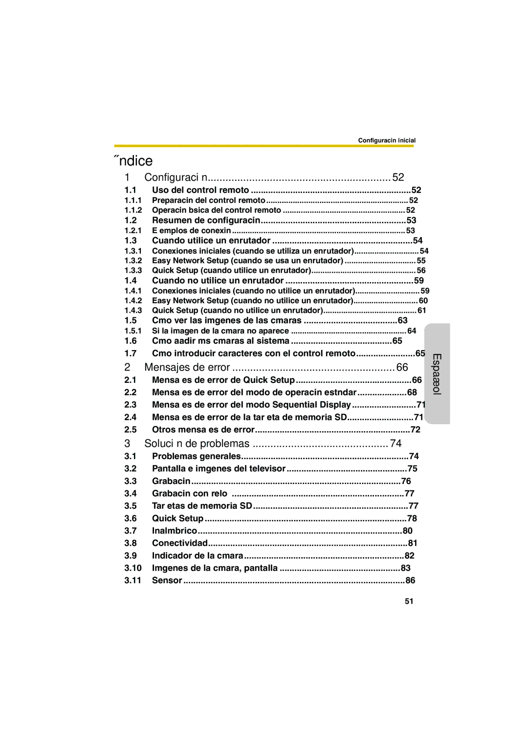 Panasonic BL-WV10 manual Configuración, Mensajes de error, Solución de problemas 