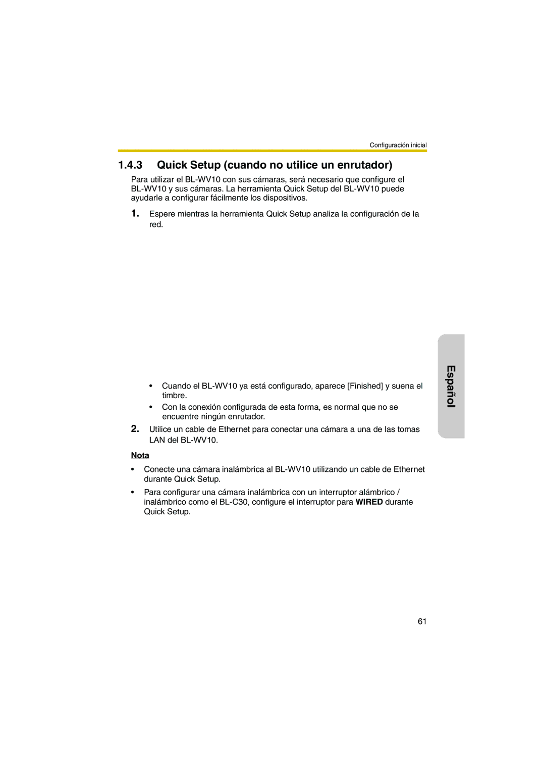 Panasonic BL-WV10 manual Quick Setup cuando no utilice un enrutador, Nota 