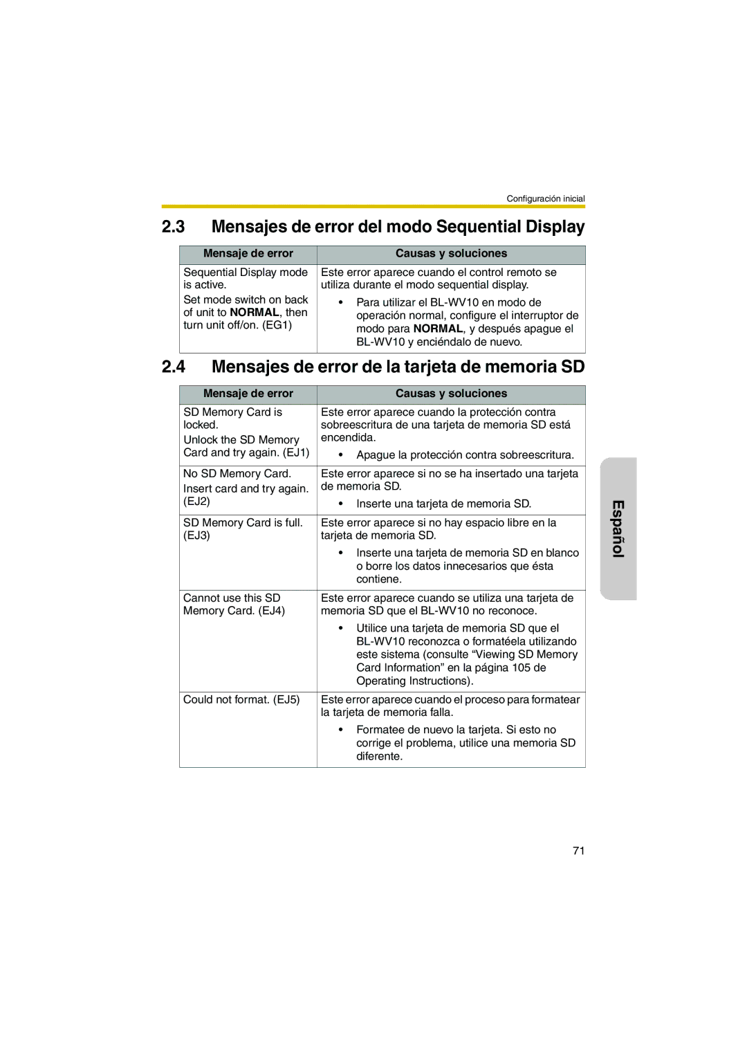 Panasonic BL-WV10 manual Mensajes de error del modo Sequential Display 