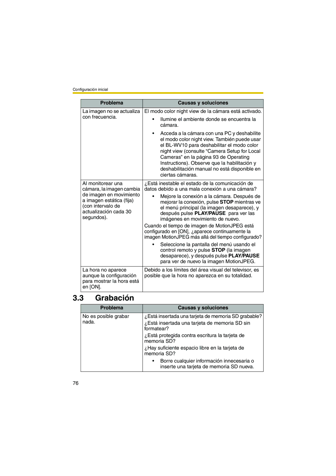 Panasonic BL-WV10 manual Grabación 