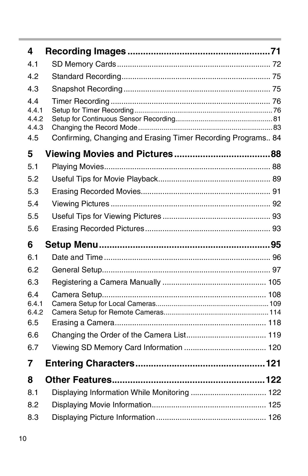 Panasonic BL-WV10A Recording Images, Viewing Movies and Pictures, Setup Menu, Entering Characters 121 Other Features 122 