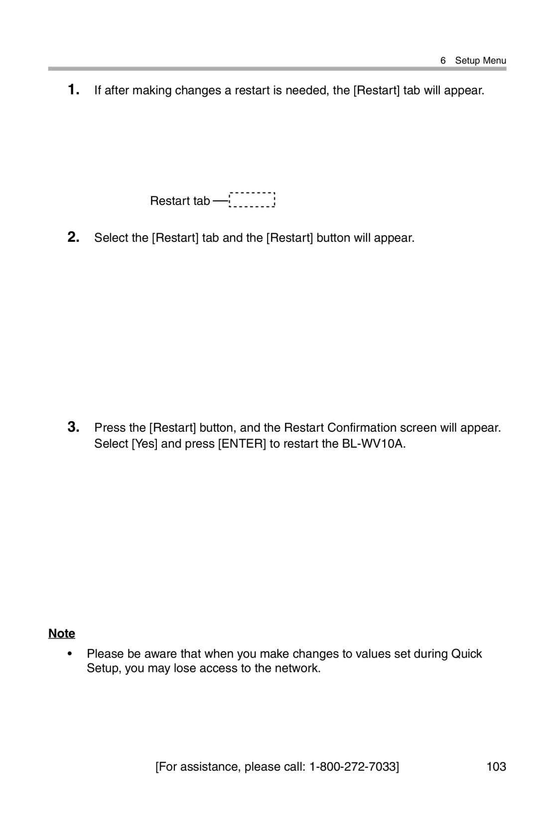 Panasonic BL-WV10A operating instructions Setup Menu 