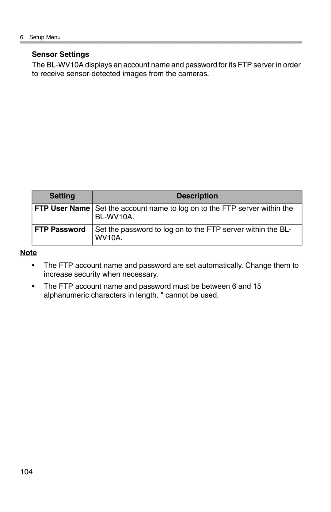 Panasonic BL-WV10A operating instructions Sensor Settings, Setting Description FTP User Name, FTP Password 