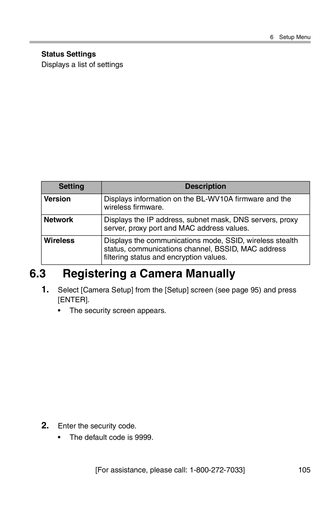 Panasonic BL-WV10A Registering a Camera Manually, Status Settings, Setting Description Version, Network 