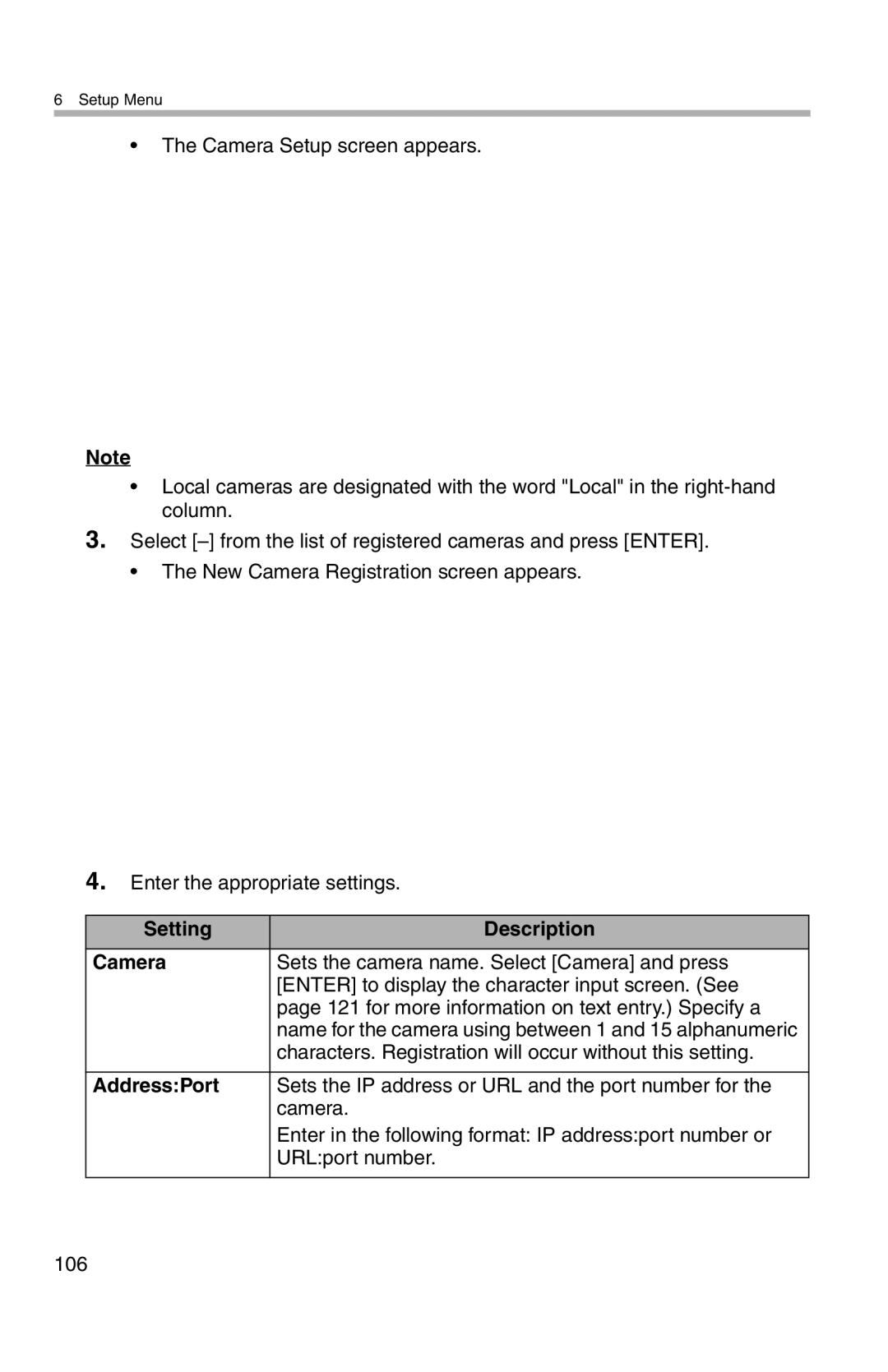 Panasonic BL-WV10A operating instructions Setting Description Camera, AddressPort 