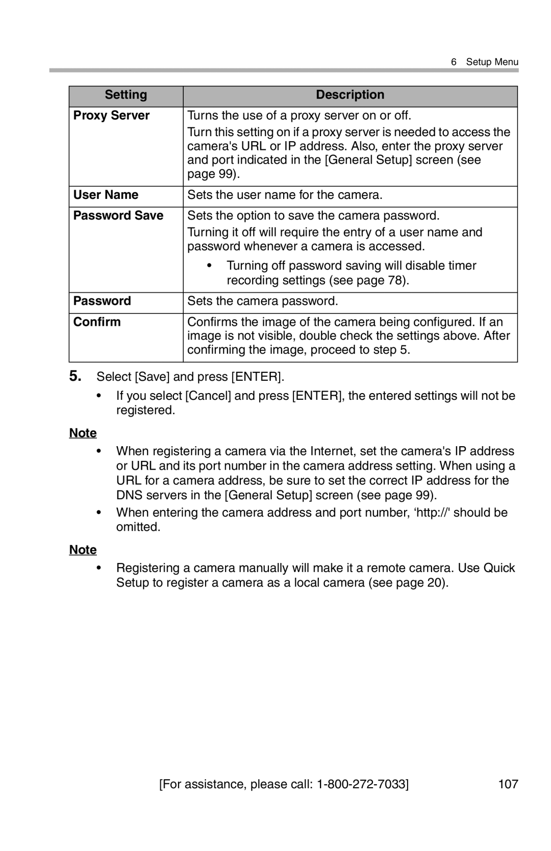 Panasonic BL-WV10A operating instructions Setting Description Proxy Server, User Name, Password Save, Confirm 